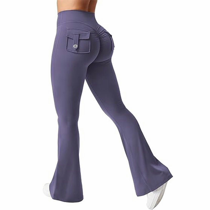 Black women's high-waisted cargo pocket workout leggings by FitiqueFit, featuring a comfortable fit and functional cargo pockets.