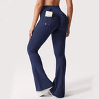 Black women's high-waisted cargo pocket workout leggings by FitiqueFit, featuring a comfortable fit and functional cargo pockets.