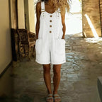 Women’s high-waisted sleeveless denim shorts jumpsuit by FitiqueFit, shown flat with front view and button details.