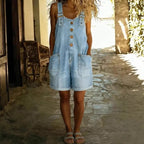 Women’s high-waisted sleeveless denim shorts jumpsuit by FitiqueFit, casualwear piece with a fitted waist and sleeveless design.