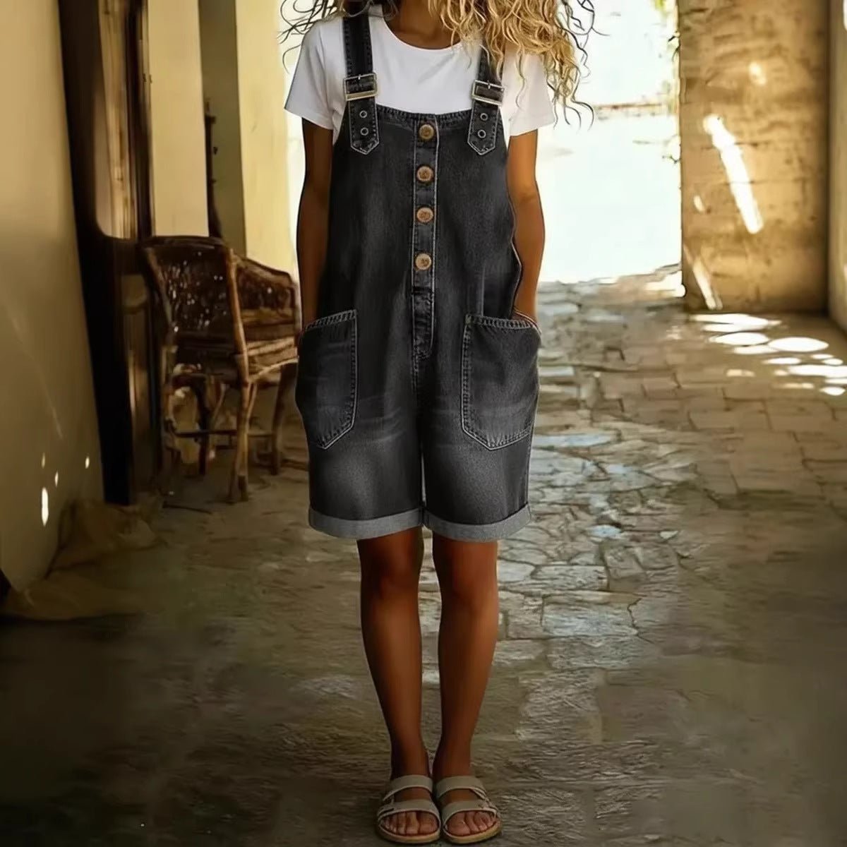 Women’s high-waisted sleeveless denim shorts jumpsuit by FitiqueFit, featuring a casual fit and stylish design.
