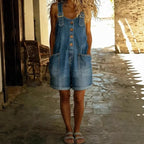 Women's high-waisted sleeveless denim shorts jumpsuit by FitiqueFit, casualwear with a fitted waist and sleeveless design.