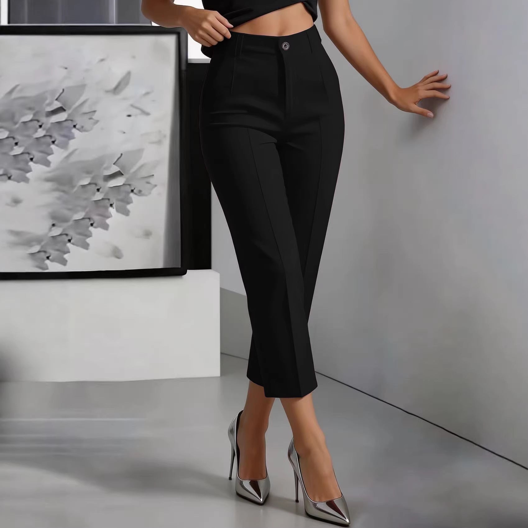 Women's high-waisted straight-leg casual pants by FitiqueFit, featuring a drapey, cropped fit and relaxed silhouette.