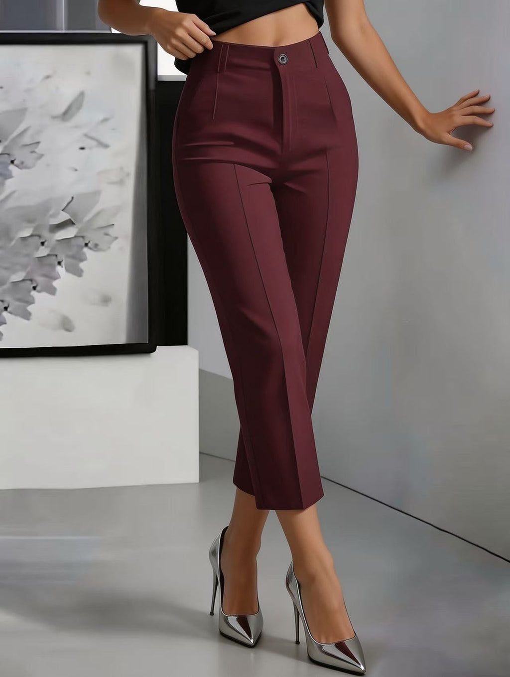 Women's high-waisted straight-leg casual pants by FitiqueFit with a drapey, cropped fit, perfect for stylish everyday wear.