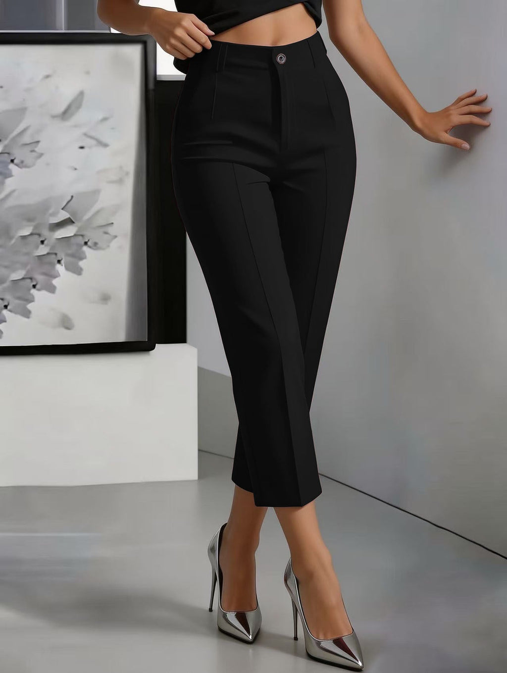 Women's high-waisted straight-leg casual pants by FitiqueFit, featuring a drapey cropped fit and lightweight fabric.