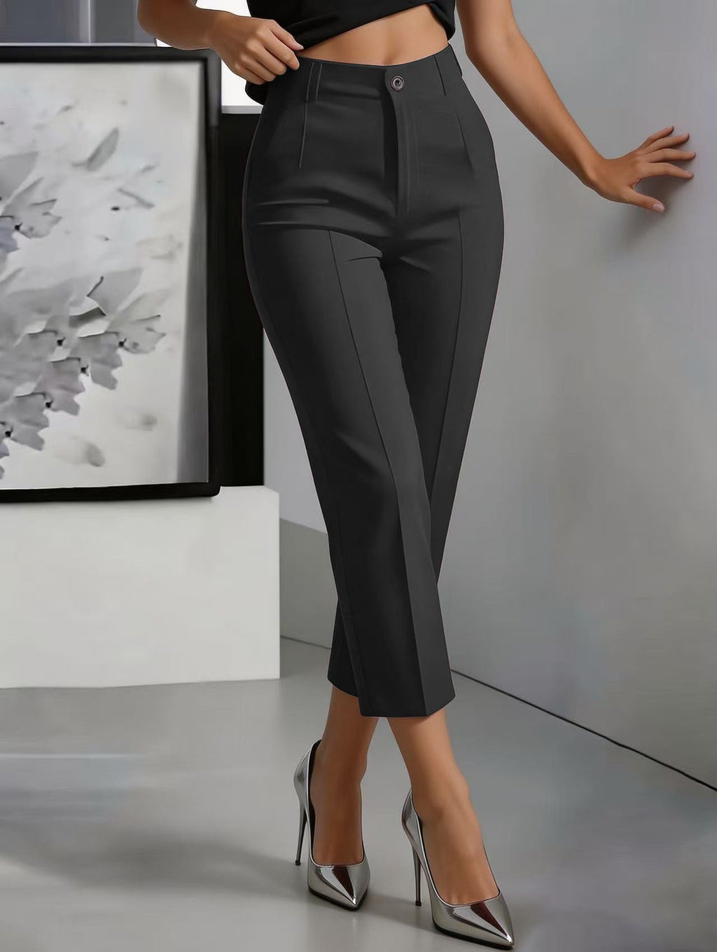 Women's high-waisted straight-leg casual pants by FitiqueFit with a drapey, cropped fit, shown on a model.