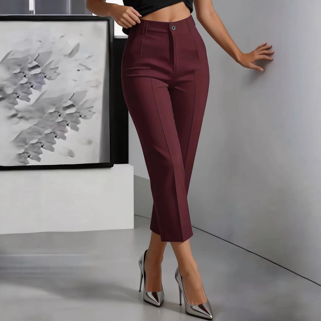 Women’s high-waisted straight-leg casual pants by FitiqueFit, featuring a drapey cropped fit and relaxed, comfortable style.