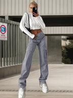 Women’s high-waisted casual work pants by FitiqueFit, wide-leg cargo trousers with functional pockets and relaxed fit.