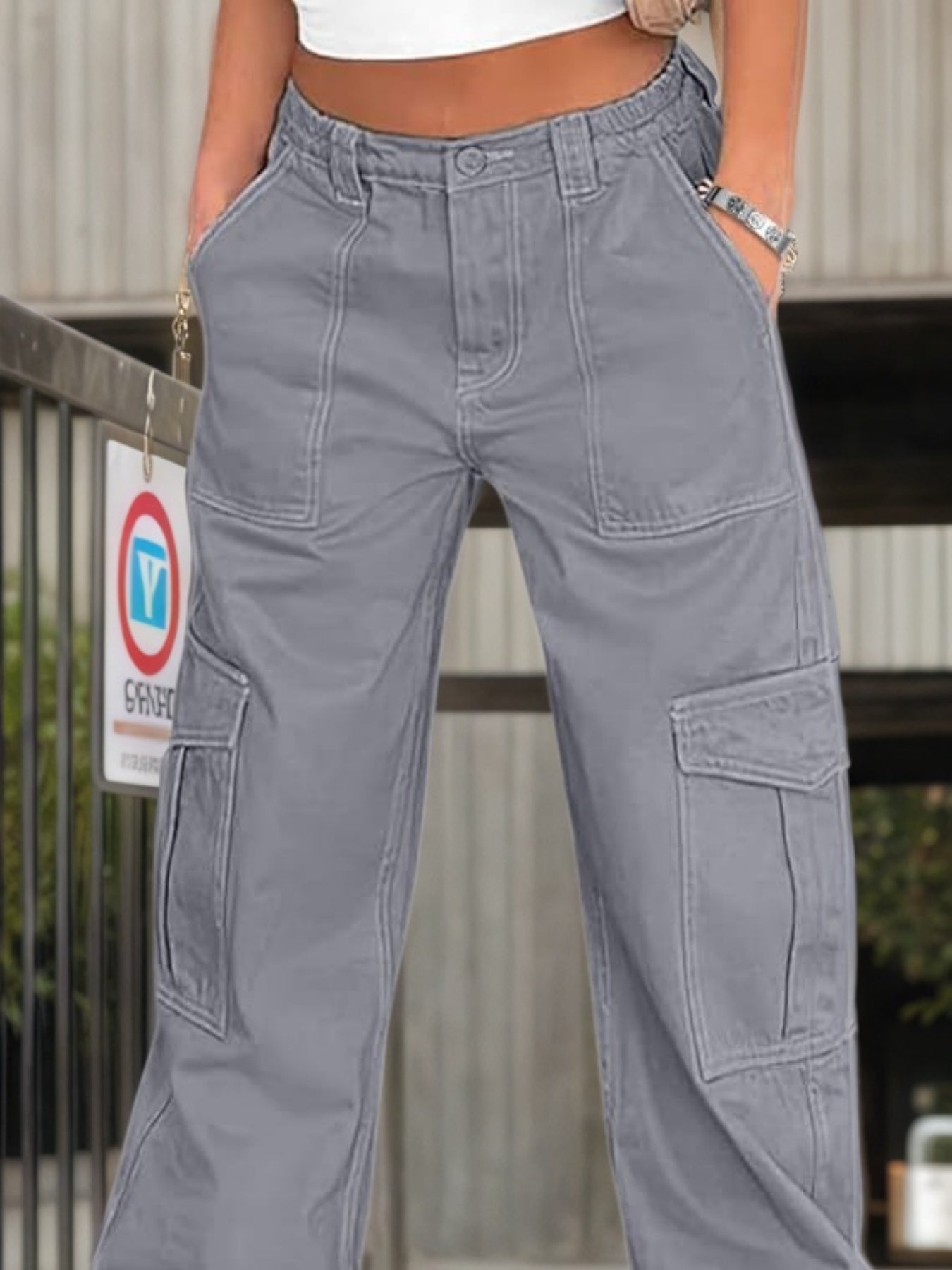 Women’s high waisted casual work pants from FitiqueFit, wide-leg cargo trousers with a relaxed fit and functional pockets.
