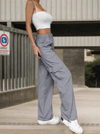 Women’s high-waisted casual work pants by FitiqueFit featuring wide-leg cargo trousers with a relaxed fit and practical pockets.