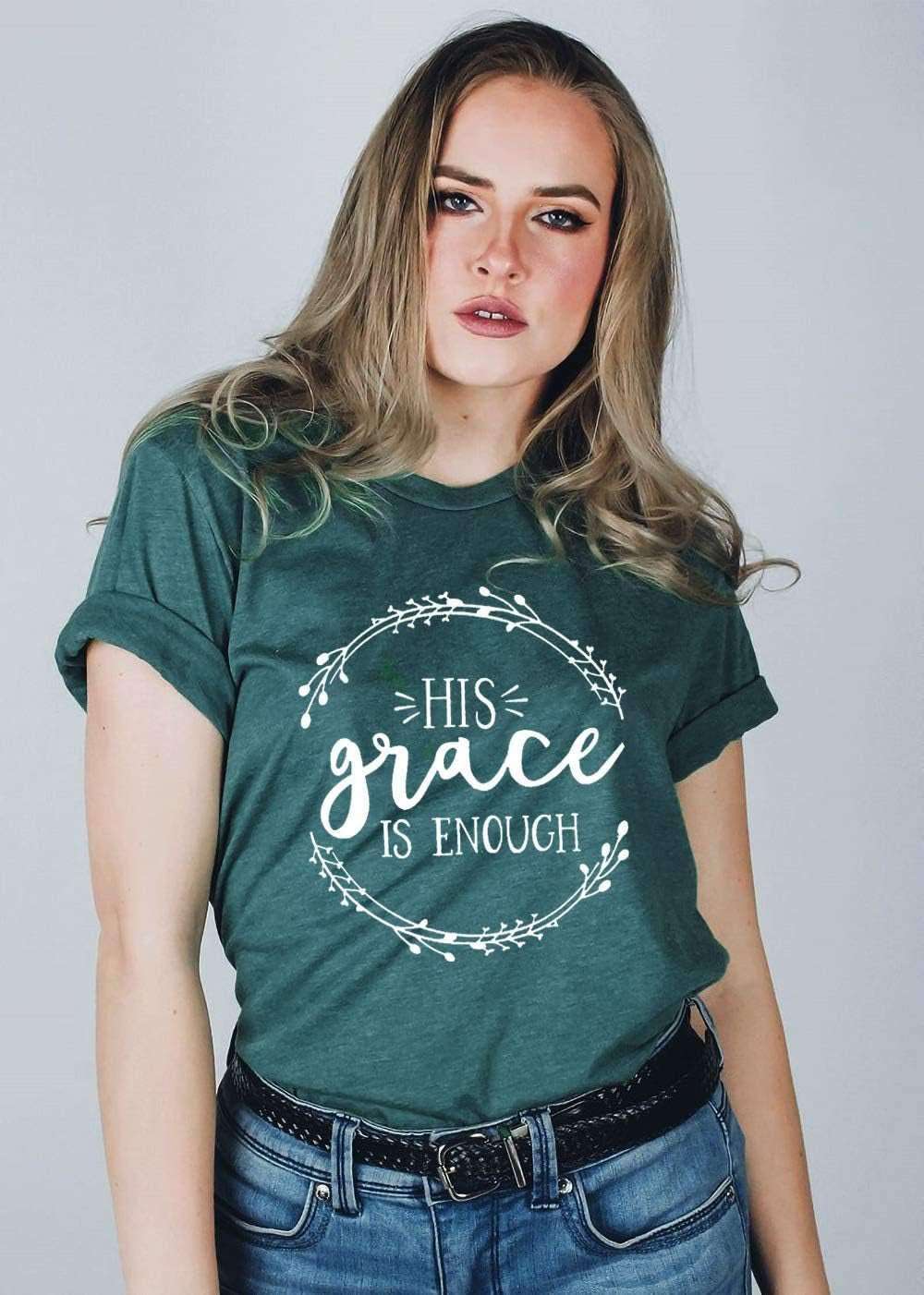 Women's His Grace Is Enough Short Sleeve Casual Tee ShirtStay comfortable and stylish in the Women's His Grace Is Enough Tee. With a classic design and inspiring message, this soft and breathable tee is perfect for everydaT shirtsPlush Fashions ShopPlush Fashion Shop