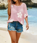 Women's loose knit top with hollow-out design and drop shoulders, casualwear from FitiqueFit, shown in a relaxed fit style.