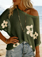 Women's hollow-out drop-shoulder loose knit top by FitiqueFit, casualwear, showing the relaxed fit and stylish open-knit design.