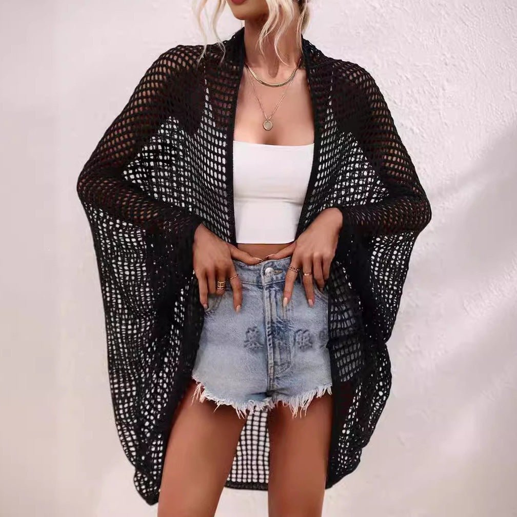 Women's hollow-out shawl cardigan with batwing sleeves by FitiqueFit, sun-protective cover-up, casual women's fashion layering piece.