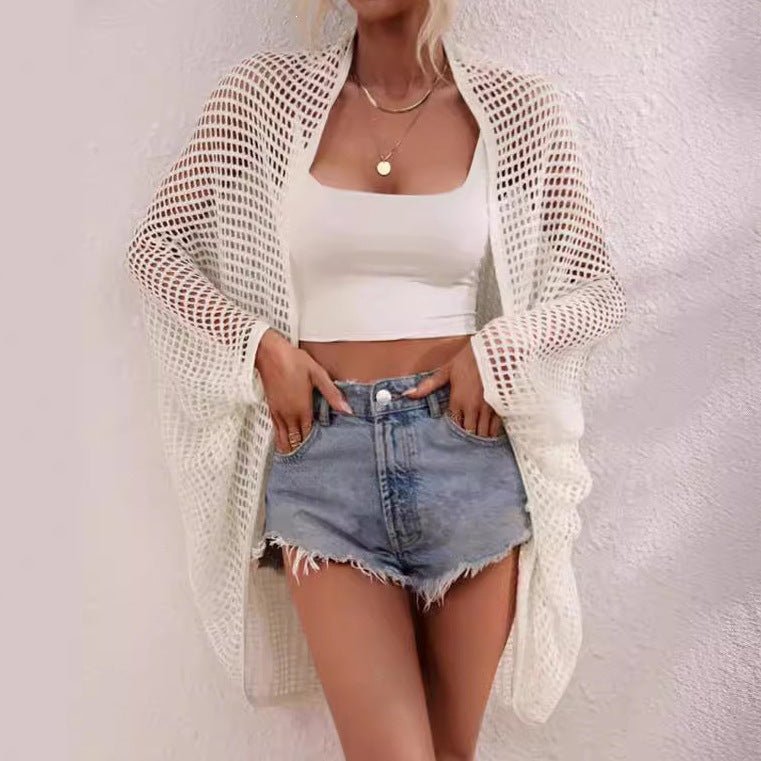 Women's hollow-out shawl cardigan by FitiqueFit featuring batwing sleeves, sun protection, and a casual, lightweight cover-up design.