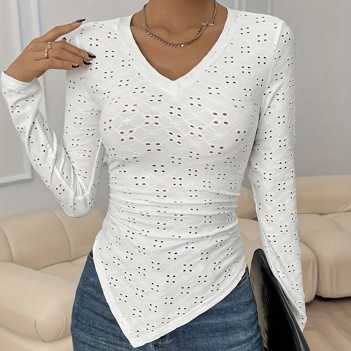 Women’s hollow out V-neck long sleeve casual top by FitiqueFit, featuring a stylish cut-out design and comfortable fit.