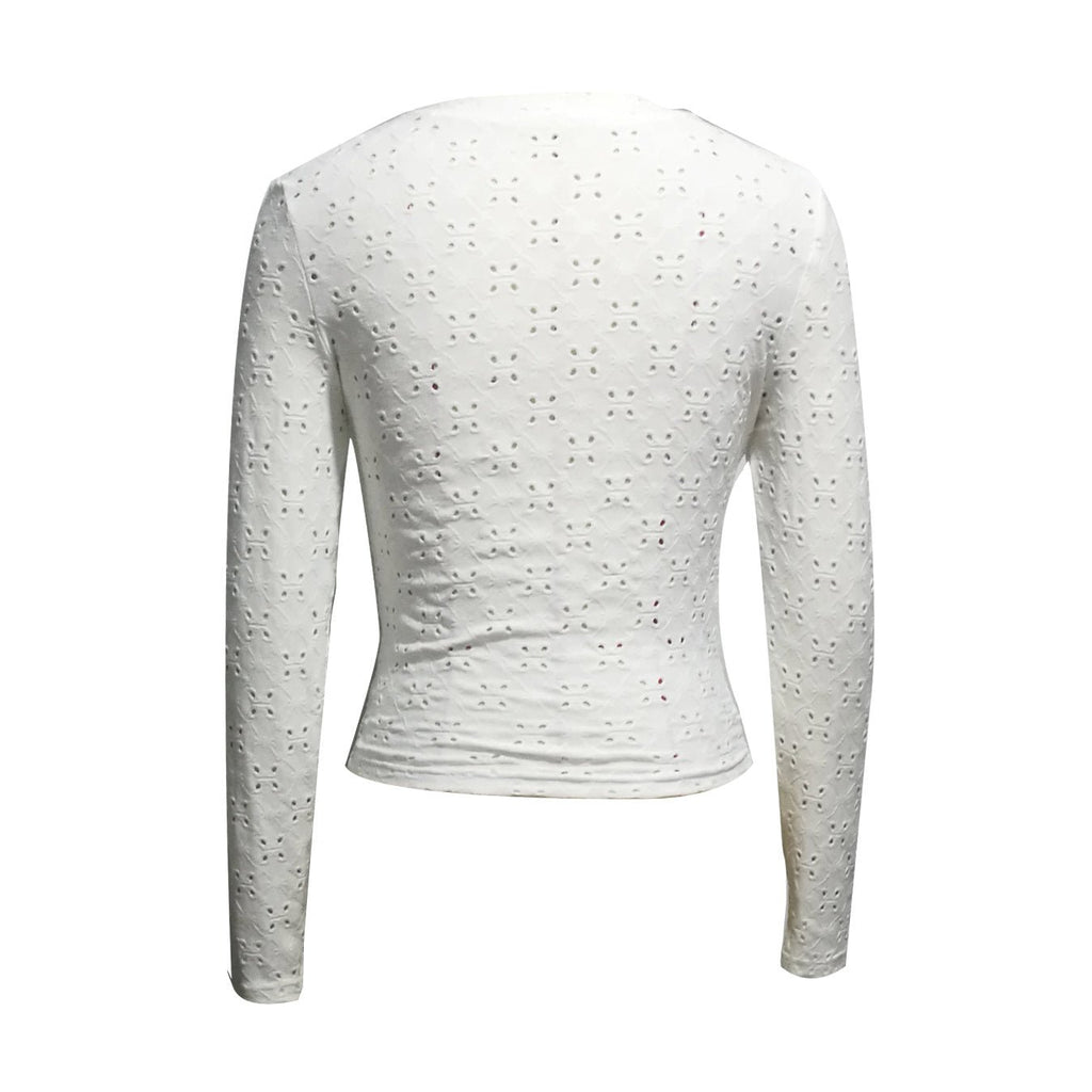 Women’s hollow-out V-neck long sleeve casual top by FitiqueFit, featuring a stylish cut-out design and comfortable fit.