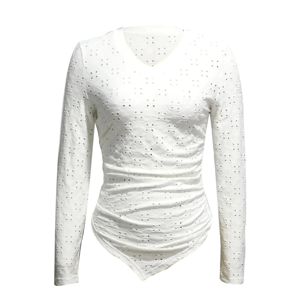 Women’s hollow-out V-neck long sleeve top by FitiqueFit, casualwear featuring a stylish cutout design and comfortable fit.