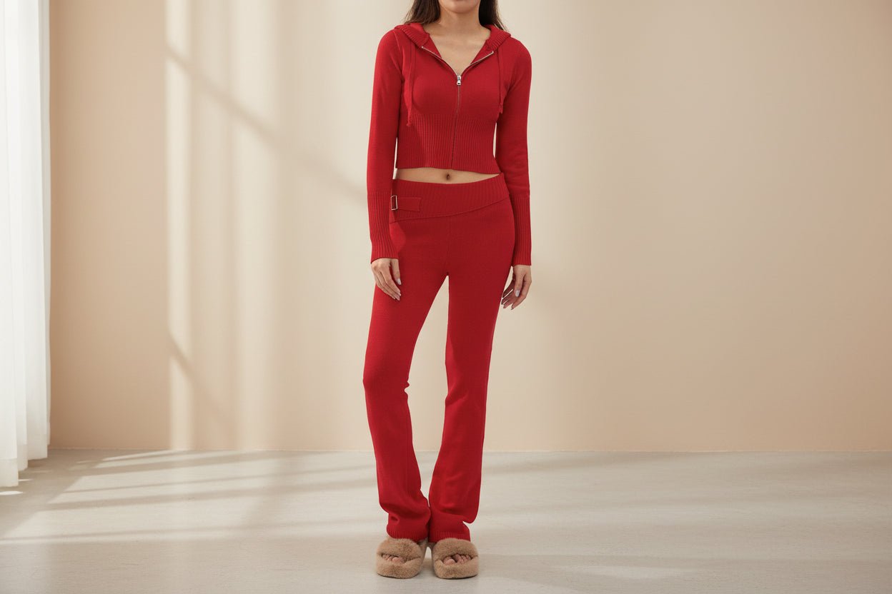 Women’s knitted hooded two-piece set with cardigan and high-waisted pants, from FitiqueFit, styled for casual comfort.