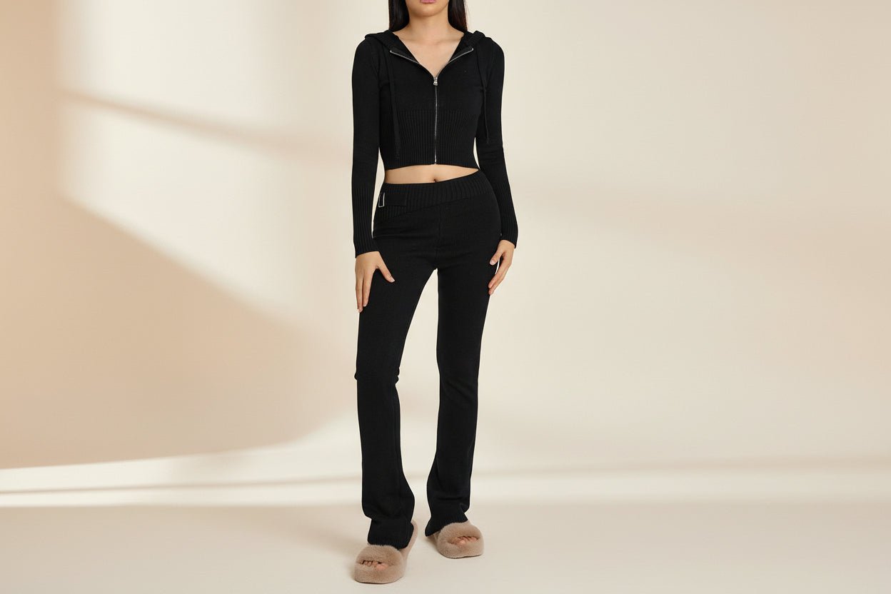 Women’s knitted hooded two-piece set from FitiqueFit featuring a cardigan and high-waisted pants, perfect for cozy casual wear.