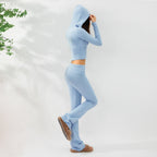 Women’s knitted hooded two-piece set by FitiqueFit with a cozy cardigan and high-waisted pants, perfect for casual wear.