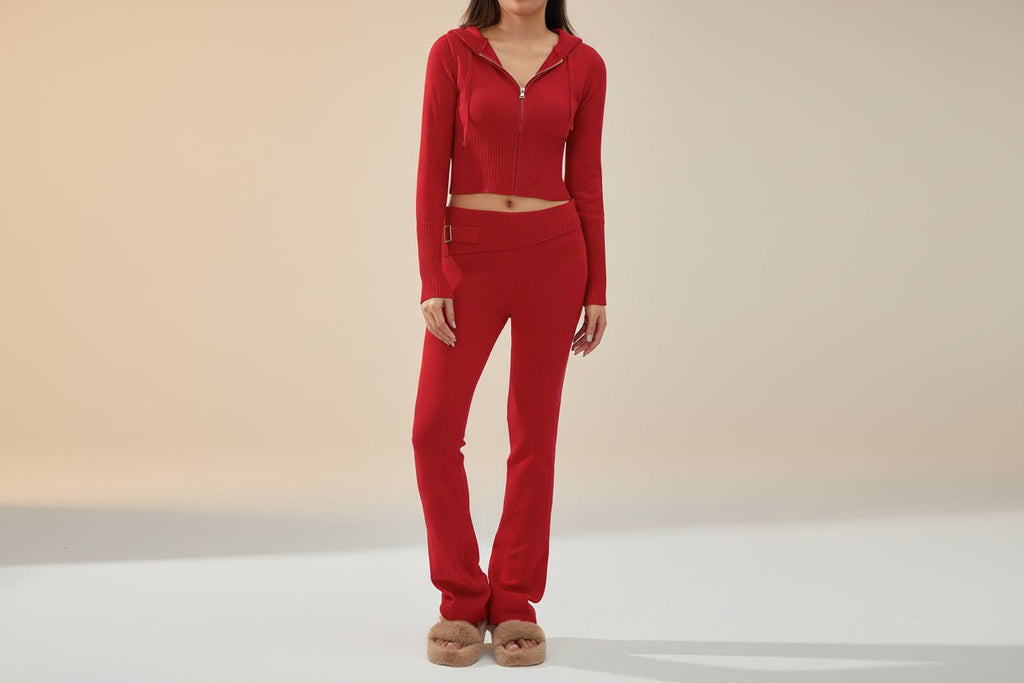 Women’s knitted hooded two-piece set with cardigan and high-waisted pants from FitiqueFit, casual cozy knitwear ensemble.