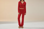 Women’s knitted hooded two-piece set with cardigan and high-waisted pants from FitiqueFit, casual cozy knitwear ensemble.