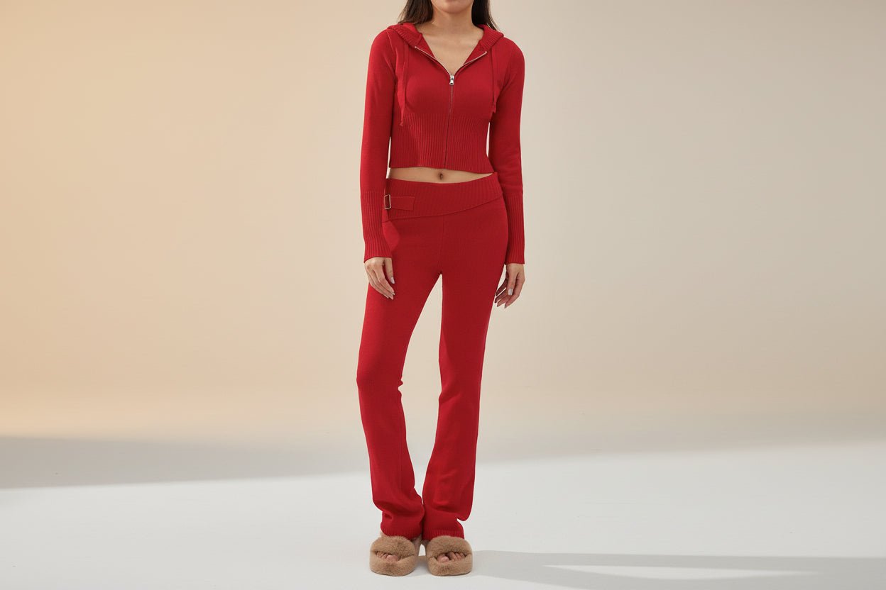 Women’s knitted hooded two-piece set with cardigan and high-waisted pants from FitiqueFit, casual cozy knitwear ensemble.