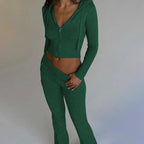 Women’s knitted hooded two-piece set with cardigan and high-waisted pants from FitiqueFit, styled for casual wear.