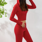 Women’s knitted hooded two-piece set by FitiqueFit, includes cozy cardigan and high-waisted pants for casual comfort.