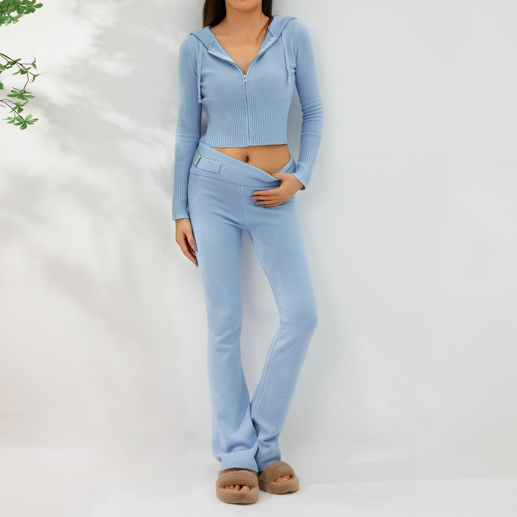 Women’s knitted hooded cardigan and high-waisted pants set by FitiqueFit, featuring a cozy two-piece knit outfit for women.