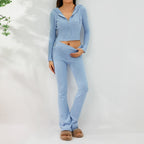 Women’s knitted hooded cardigan and high-waisted pants set by FitiqueFit, featuring a cozy two-piece knit outfit for women.