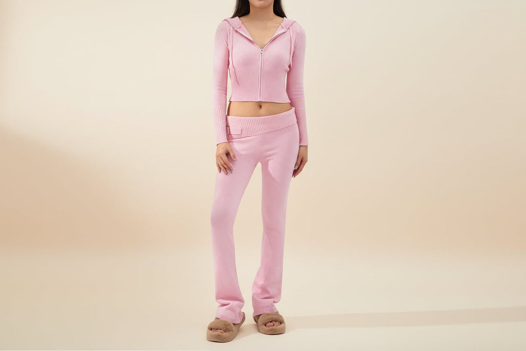 Women’s knitted hooded two-piece set by FitiqueFit, includes cozy cardigan and high-waisted pants suit, perfect for casual wear.
