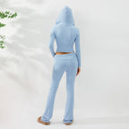 Women’s knitted hooded two-piece set with cardigan and high-waisted pants, stylish and cozy fitiqueFit women's sweater suit.
