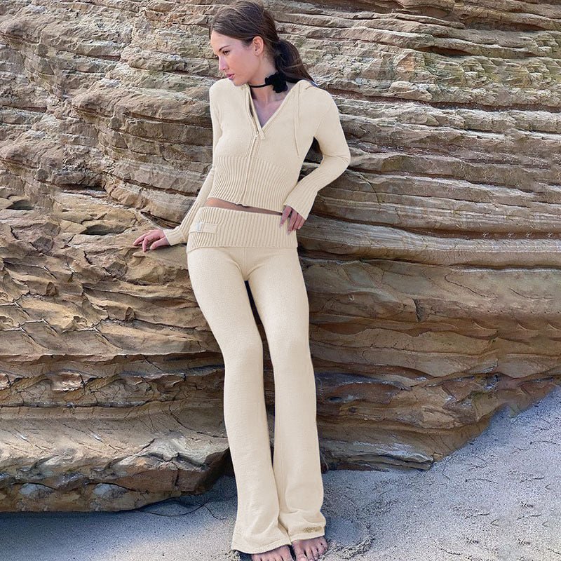Women’s knitted hooded two-piece set by FitiqueFit, includes a cozy cardigan and high-waisted pants, perfect for casual wear.