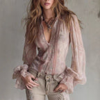 Women's lace flared sleeve fake two-piece knotted top by FitiqueFit, featuring lace details and flared sleeves in casualwear style.