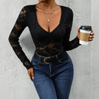 Women’s lace long sleeve bodysuit with deep V-neck, solid casualwear top by FitiqueFit, shown on a model.