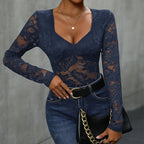 Women’s lace long sleeve bodysuit with deep V-neck, solid casual top from FitiqueFit, shown on a model.