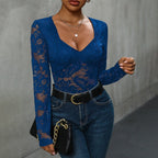 Women's lace long sleeve bodysuit with deep V-neck and solid design, from FitiqueFit, perfect for casualwear.