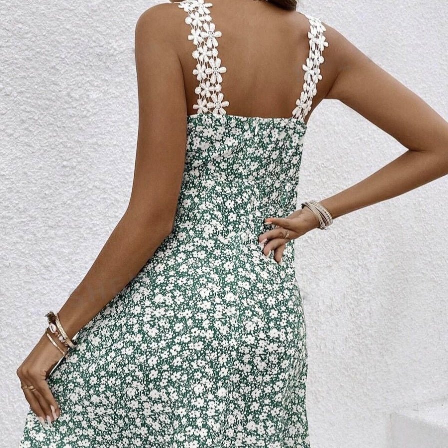 Women’s lace patchwork floral print casual dress by FitiqueFit, featuring a stylish design and lightweight fabric.