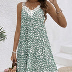 Women's lace patchwork floral print casual dress by FitiqueFit, featuring delicate lace details and vibrant floral pattern.