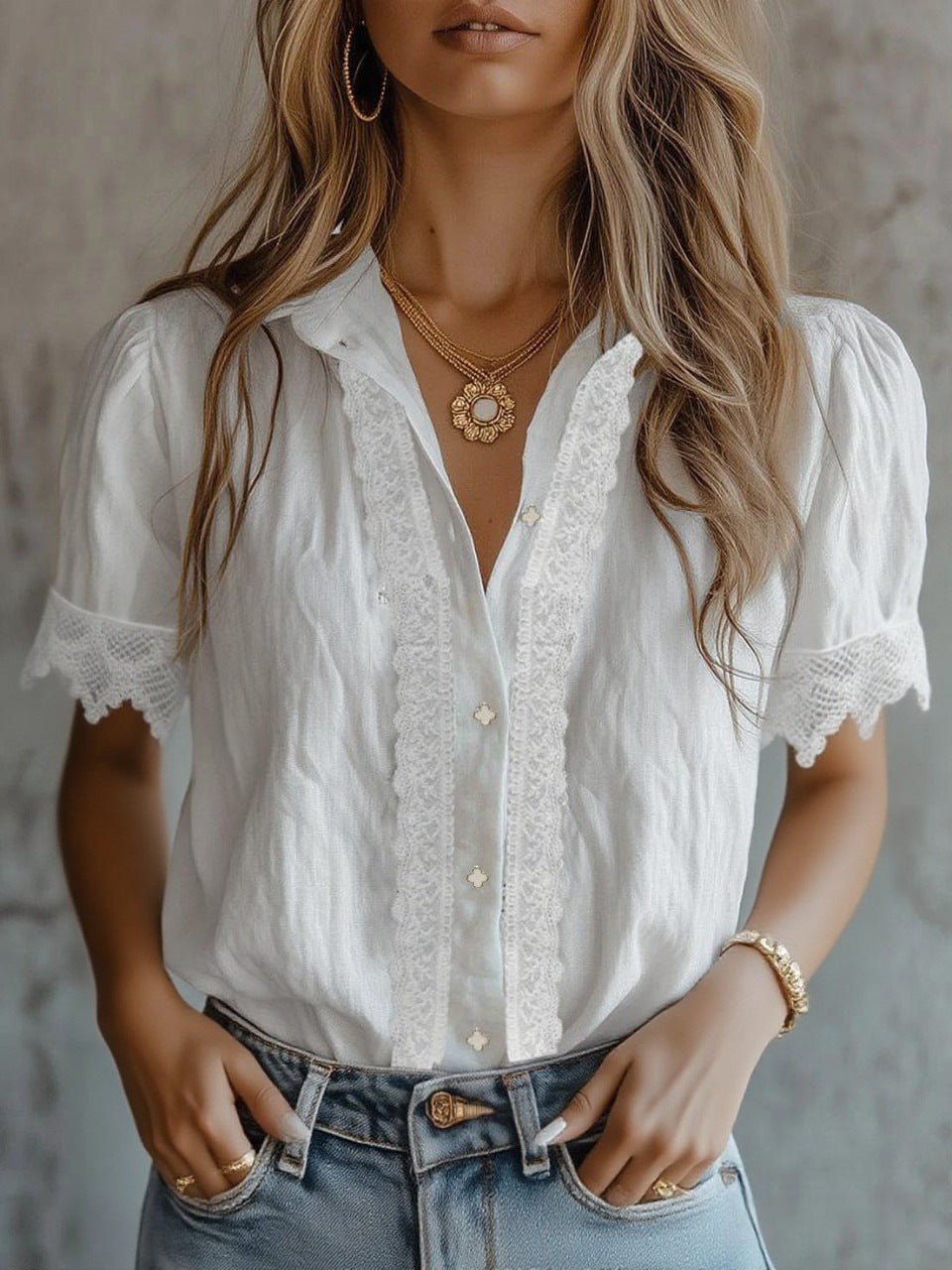 Women’s lace puff sleeve loose fit casual top by FitiqueFit, showing delicate lace details and relaxed fit on a hanger.