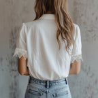 Women’s lace puff sleeve loose fit top from FitiqueFit, featuring delicate lace details and a relaxed casualwear style.