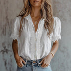 Women’s lace puff sleeve loose fit top by FitiqueFit, casualwear with delicate lace details and relaxed fit for comfortable style.