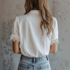 Women’s lace puff sleeve loose fit casual top from FitiqueFit, featuring delicate lace details and a relaxed silhouette.
