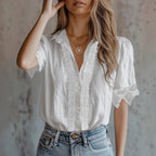 Women’s lace puff sleeve loose fit top by FitiqueFit, featuring delicate lace details and a relaxed casualwear style.