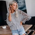 Women's casual lace trim short sleeve batwing top by FitiqueFit, featuring a relaxed fit and delicate lace details.
