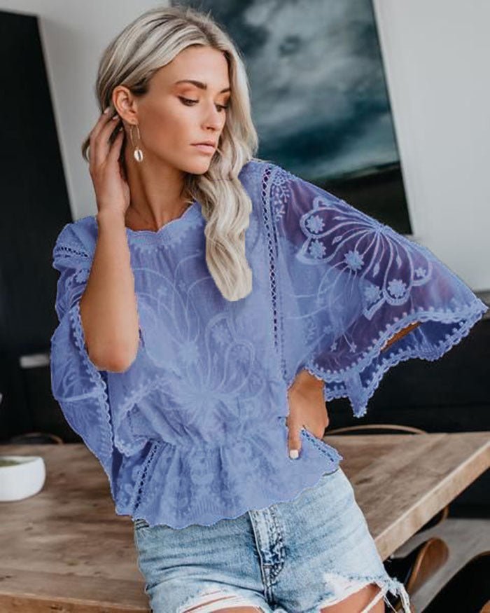 Women's casual lace trim short sleeve batwing top by FitiqueFit, featuring a relaxed fit and delicate lace details.