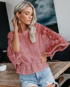 Women's lace trim short sleeve batwing casual top by FitiqueFit, featuring a relaxed fit and elegant lace details.