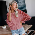 Women's short sleeve batwing shirt with lace trim from FitiqueFit, casualwear top featuring a relaxed fit and delicate lace details.